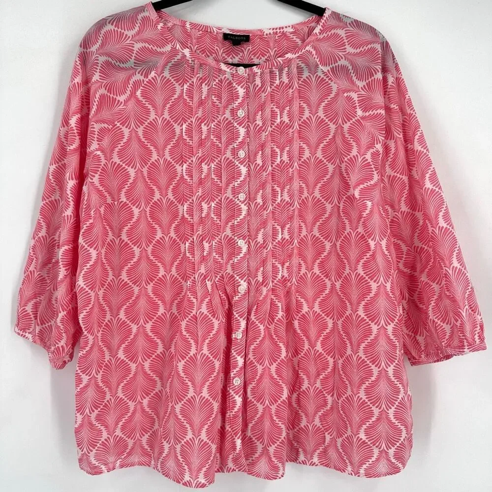 Talbots Women's Button Up Pleated Coastal Pink‎ Blouse Top Size L Cotton Beach
